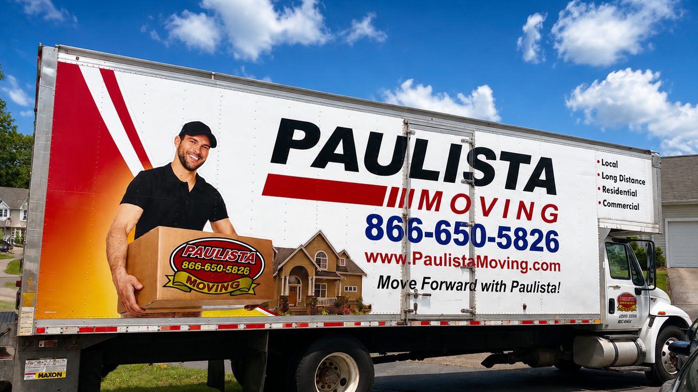 Paulista Moving truck side view with company phone and branding under clear blue sky