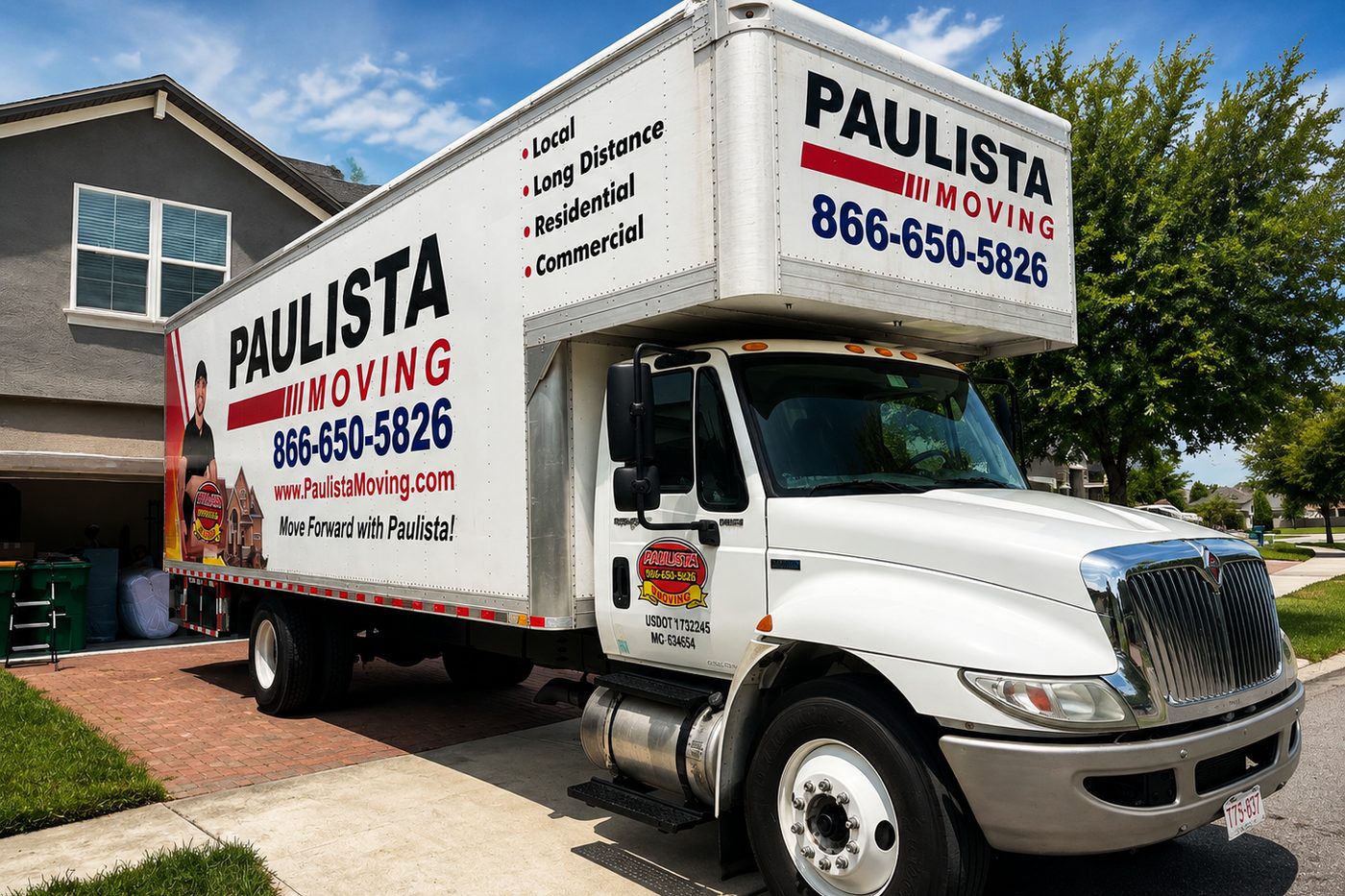 Paulista Moving truck with company livery parked in a Massachusetts driveway