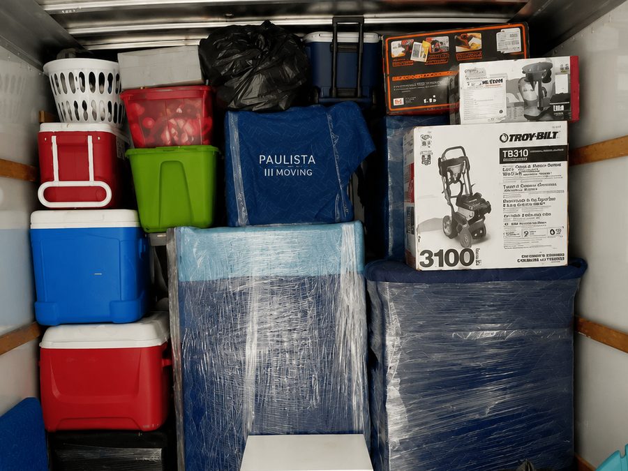 Paulista Moving truck interior with shrink-wrapped and blanket-padded furniture for delicate white glove handling